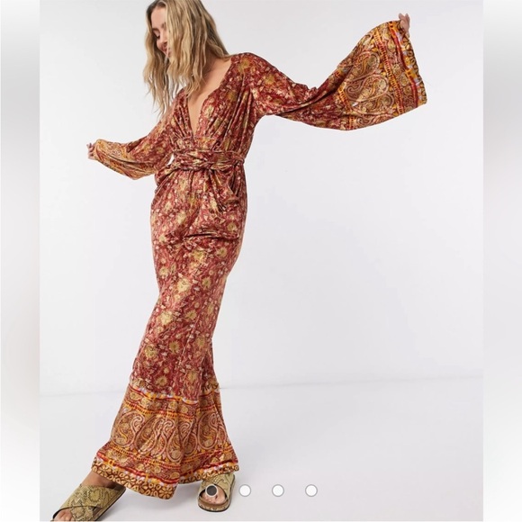 Free People Pants - Free People Harper Wide Leg Velvet Jumpsuit - Red Paisley - Size Extra Small XS